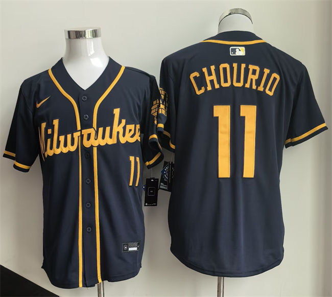 Men's Milwaukee Brewers #11 Jackson Chourio Navy 2025 Cool Base Stitched Baseball Jersey